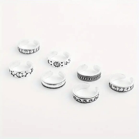 Toe Rings Foot Jewelry 7pc Silver Adjustable Beach Boho Trendy Stylish Vacation - Picture 3 of 4